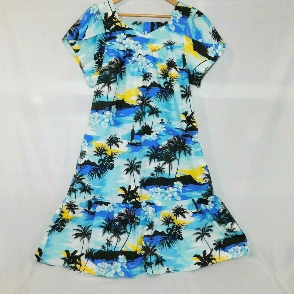 Vintage Jade Fashions Hawaiian Tropical Sunset Womens M Muumu Dress